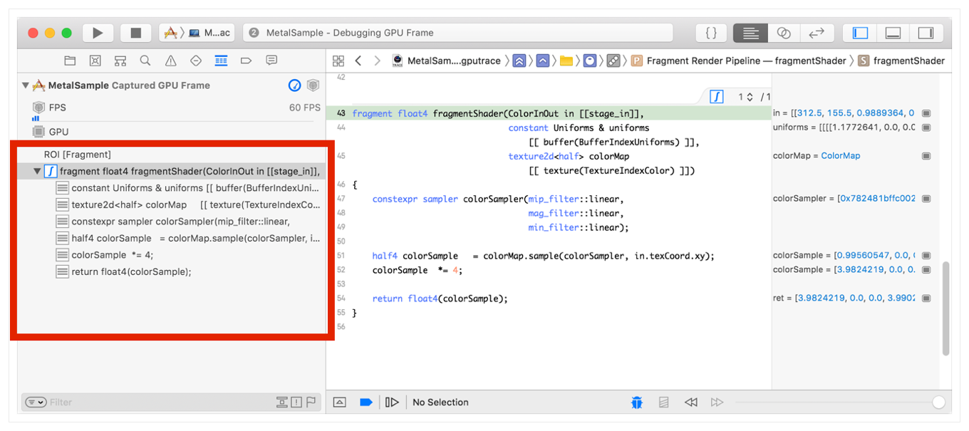 The shader debugger populated with the current values of the fragment selected earlier.
