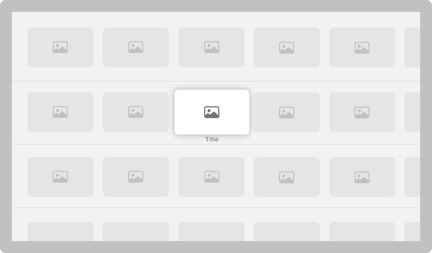 An illustration of Apple TV, displaying a five-column grid of media items. Additional media items are partially visible on the right side and bottom edge of the screen.