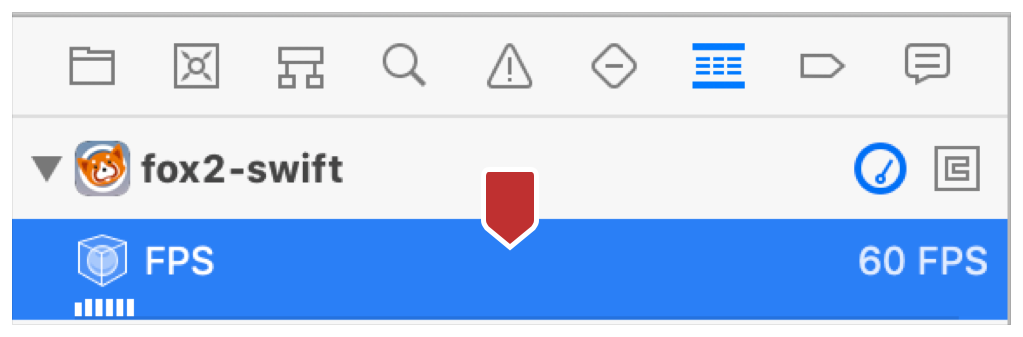 Screenshot of the FPS button in the Debug navigator marked by a callout.