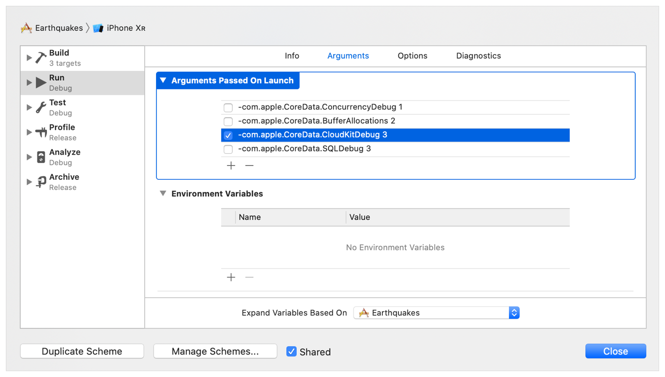 Screenshot showing passing the -com.apple.CoreData.CloudKitDebug 3 user default setting as a launch argument in the scheme editor.