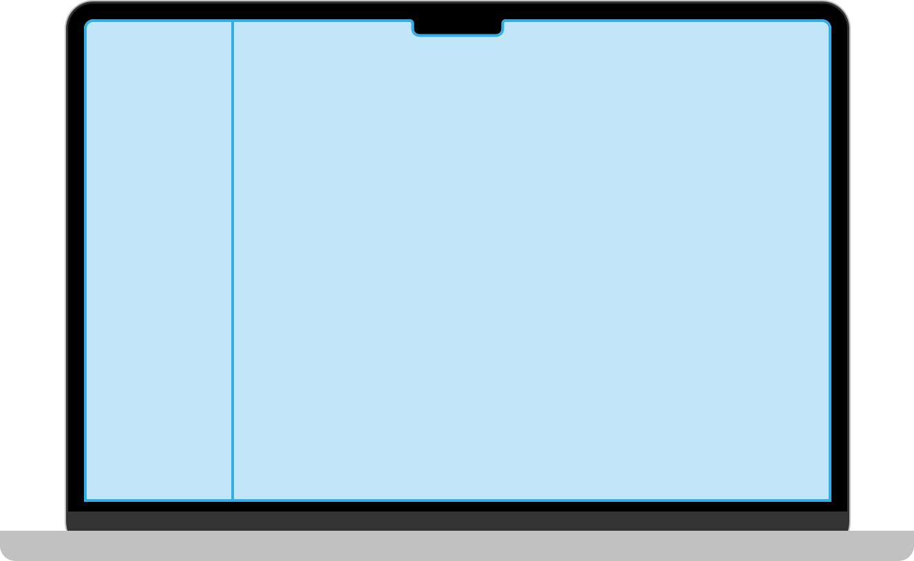 An illustration of a laptop screen that shows two panes arranged side by side, with a narrower pane on the left and a wider pane on the right.