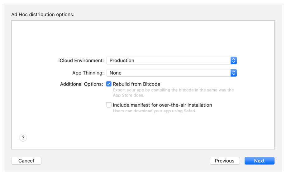 Screenshot of the distribution flow showing the Ad Hoc distribution options with Rebuild from Bitcode selected.