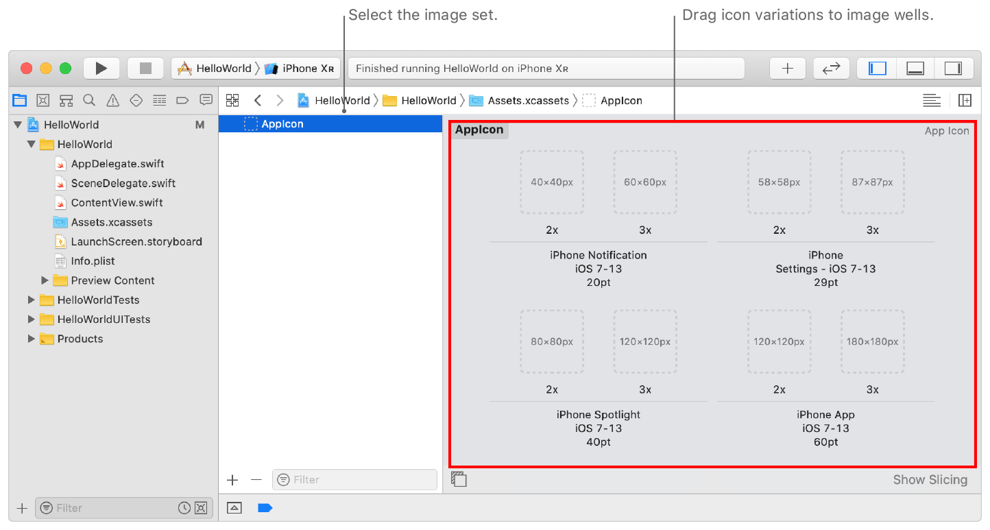 Screenshot showing the AppIcon image set for an iOS app where you drag variations of the app icon to wells.