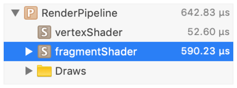 Screenshot of a render pass pipeline expanded with its longest running shader selected.