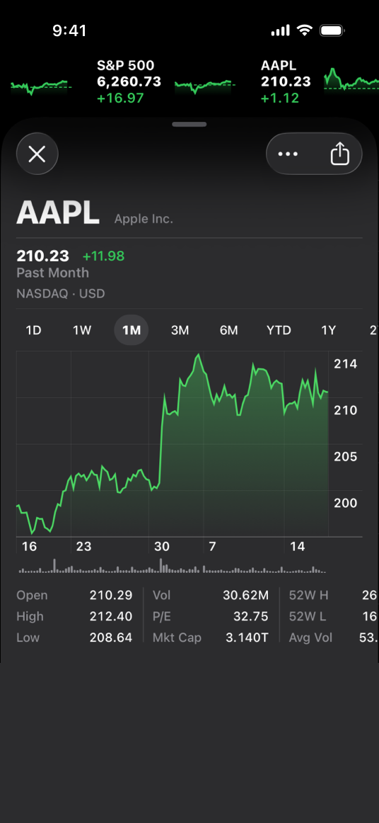 A screenshot of the Stocks app on iPhone. The app uses a line chart to depict the performance of a stock over the currently chosen one-month period.
