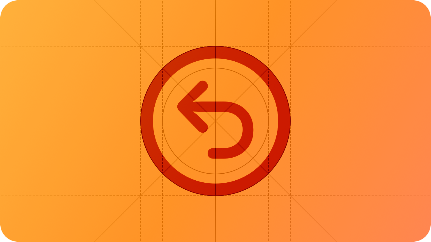 A sketch of an arrow that starts right, curves upward, and points to the left, suggesting a return to the start. The image is overlaid with rectangular and circular grid lines and is tinted orange to subtly reflect the orange in the original six-color Apple logo.