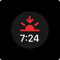 A red sunset icon displayed above the time seven twenty-four PM, centered within a circular area.