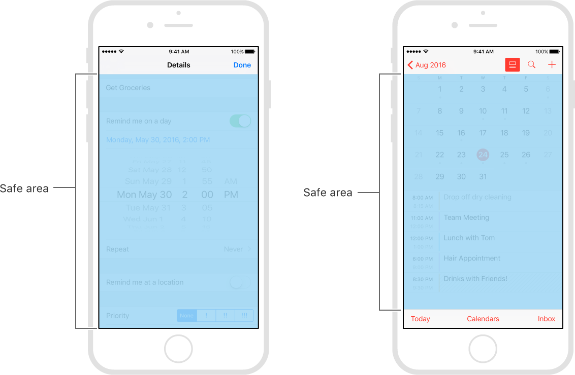 Safe areas in the Calendar app