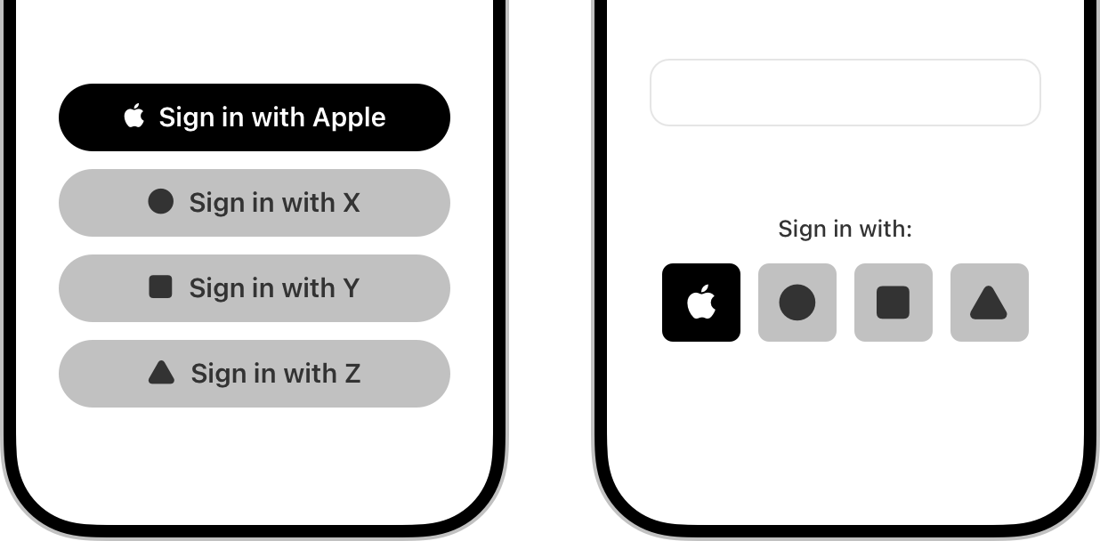 An illustration that includes two side-by-side partial iPhones showing sign-in screens. The screen on the left includes four stacked buttons: Sign in with Apple, Sign in with X, Sign in with Y, and Sign in with Z. The Sign in with Apple button includes an Apple logo before its title. The Sign in with X button includes a filled circle before its title. The Sign in with Y button includes a filled square before its title. The Sign in with Z button includes a filled triangle before its title. The screen on the right includes a heading that reads 'Sign in with', which appears above a row of four square buttons containing glyphs. The first square button contains the Apple logo. The second square button contains a filled circle. The third square button contains a filled square. The fourth square button contains a filled triangle. The circle, square, and triangle shapes represent a variety of logos.