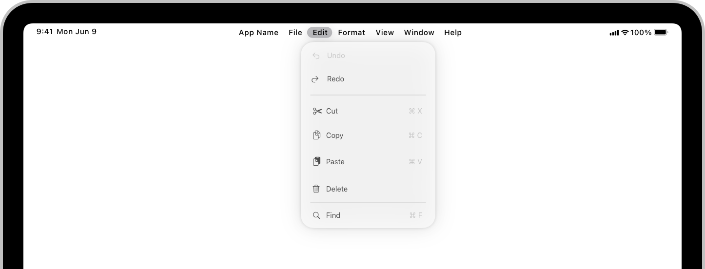 An illustration of an app window on iPad, with its menu bar appearing at the top of the screen and the Edit menu open.