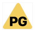 The phrase P G in black, inside a yellow-filled triangle.