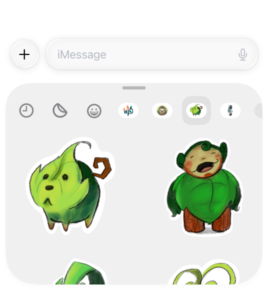 An illustration showing a grid of large stickers in the bottom half of an iPhone screen. Two stickers are fully visible in the area, followed by a partial row of two additional stickers.