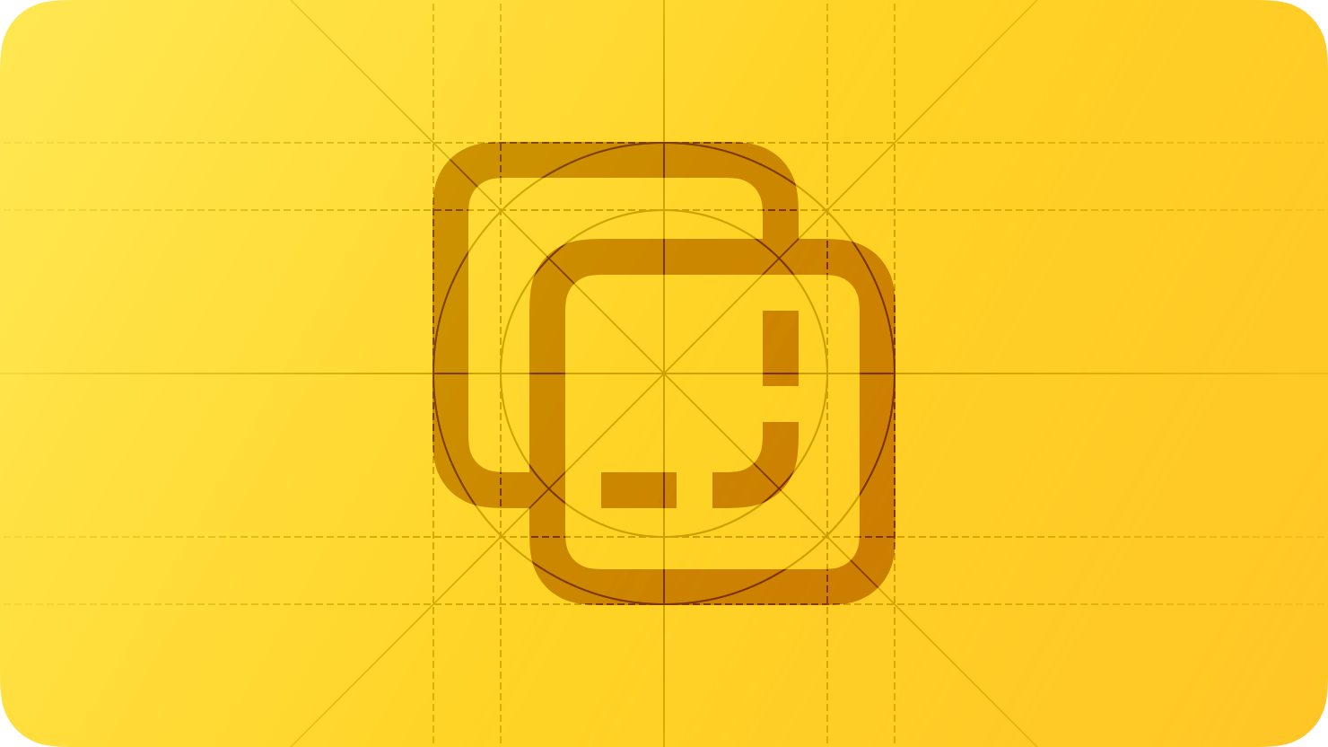 A sketch of overlapping squares, suggesting the use of transparency to hint at background content. The image is overlaid with rectangular and circular grid lines and is tinted yellow to subtly reflect the yellow in the original six-color Apple logo.
