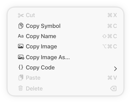An illustration of an Edit menu that includes several similar Copy actions, with each represented by a different symbol.