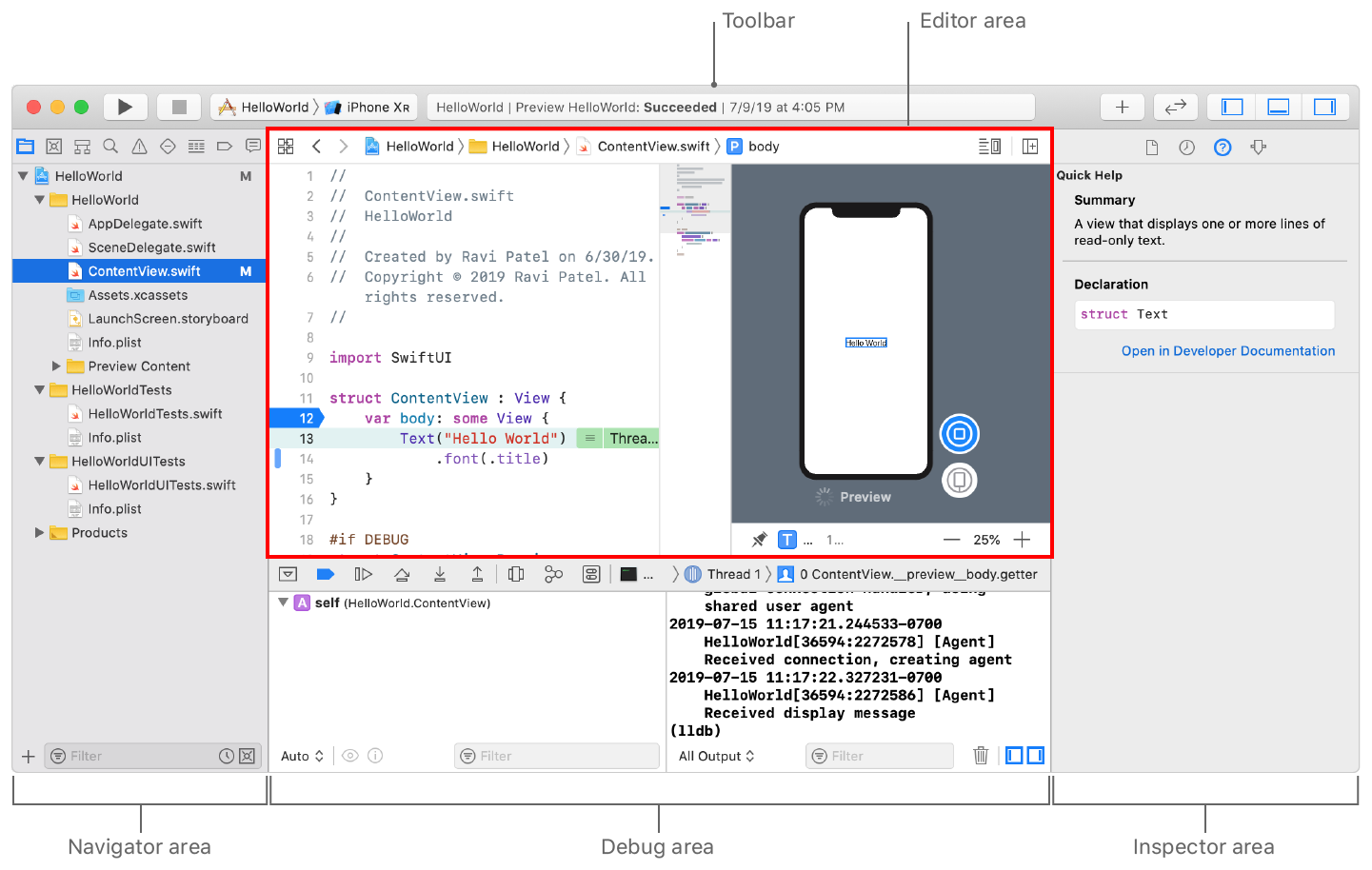 Screenshot showing the location of the main window areas: the toolbar at the top, navigator area on the left, editor area to the right, debug area below, and inspector area on the right.