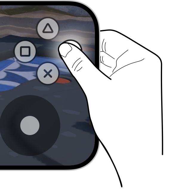 A right hand holding an iPhone in landscape orientation. The thumb is pressing down on a virtual button, and the button indicates its press state by increasing its opacity and showing a glow effect around it.
