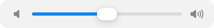 An illustration of a volume control slider. The left side has a right-facing speaker glyph with no sound emerging, and the right side has a right-facing speaker glyph with sound waves projecting from it, showing that moving the thumb from left to right makes the volume louder.