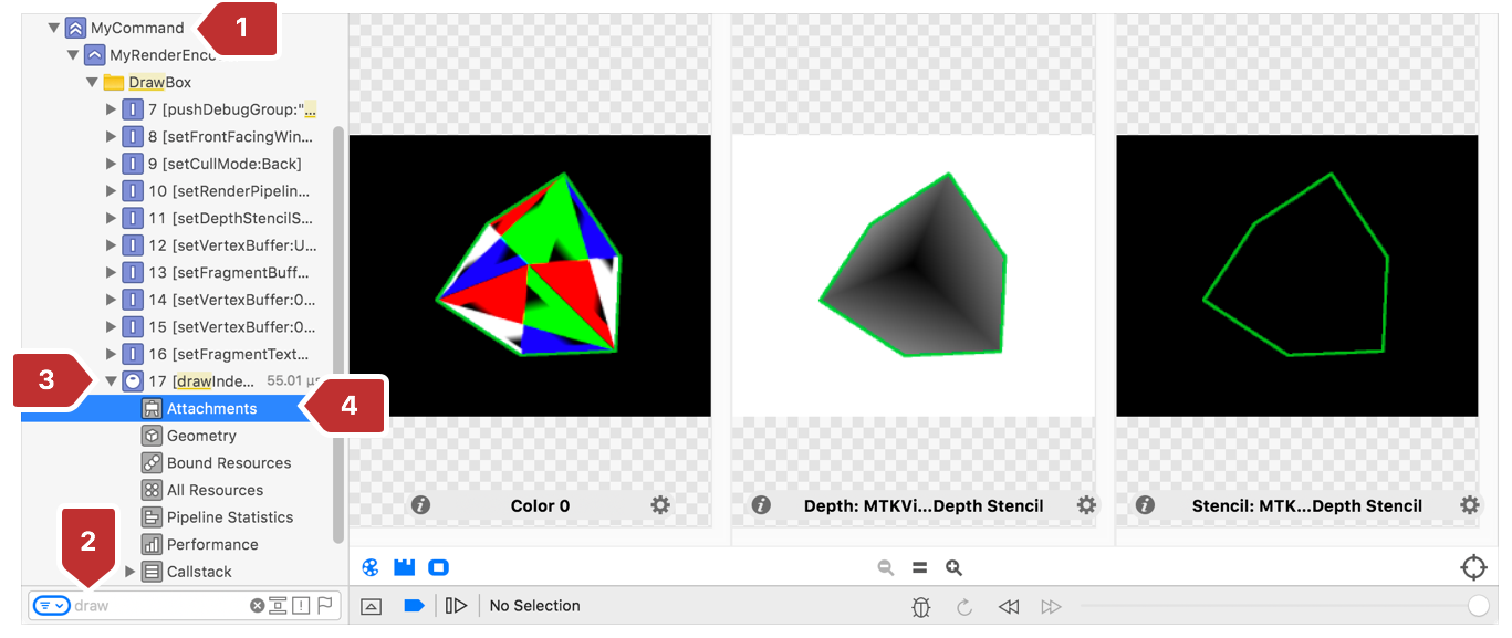 On the left, the call list with Attachments selected for the draw that runs the fragment function you want to debug. On the right, the attachments are displayed with the state defined at the time of the capture.