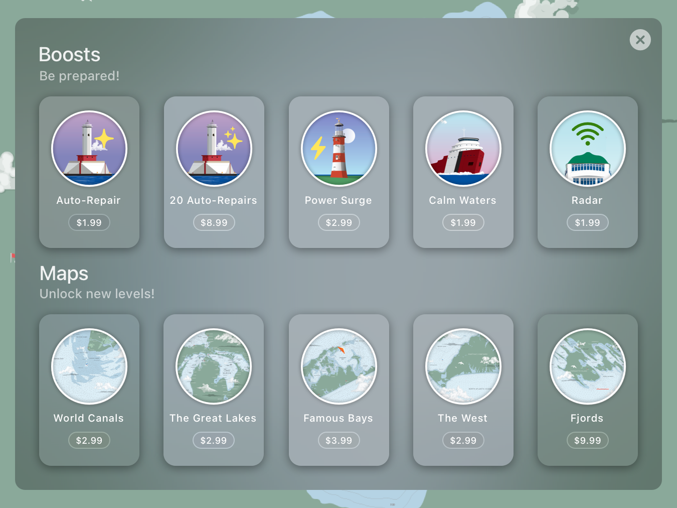 A screenshot of The Coast game’s in-app purchase store on iPad, featuring a row of five boosts that include lighthouse repairs and a power surge, above a row of five in-game maps with names like World Canals, The Great Lakes, and Famous Bays.