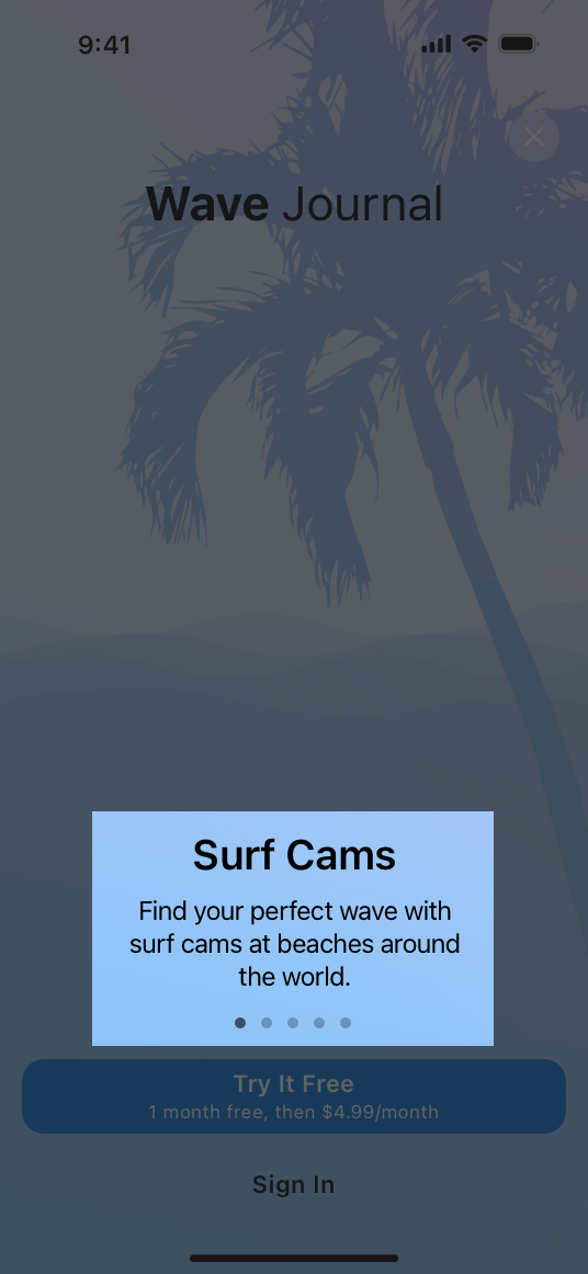 A screenshot of the Wave Journal app running on iPhone. The bottom half of the screen includes a highlighted area with the first of five pages that describe the benefits of subscribing, a Try It Free button, and a Sign In button.