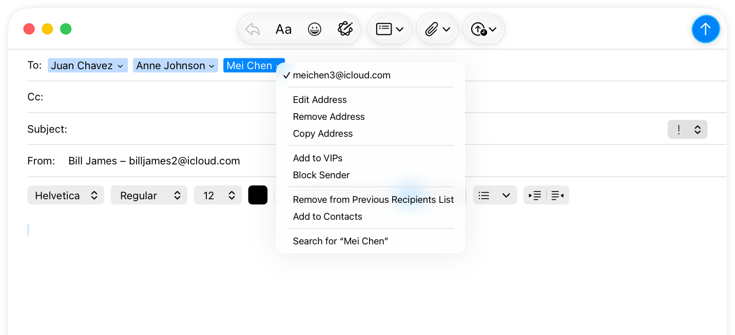 A partial screenshot of a Mail compose window in which one recipient token reveals a menu of commands.