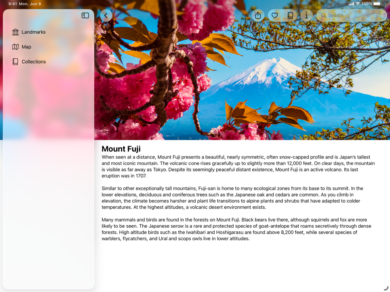 An image of the Landmarks sample code on iPad, in landscape, showing the Mount Fuji landmark.