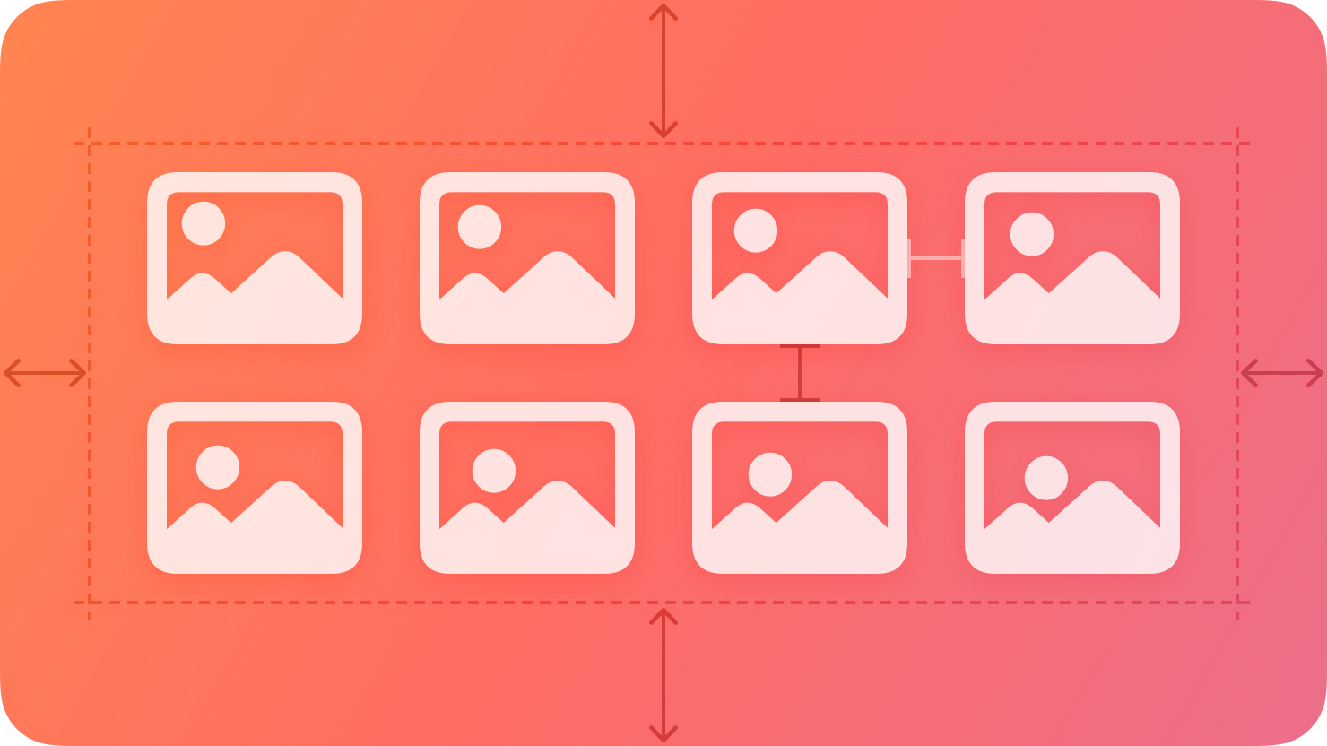 A stylized representation of eight image icons, separated into two rows of four. The image is tinted red to subtly reflect the red in the original six-color Apple logo.