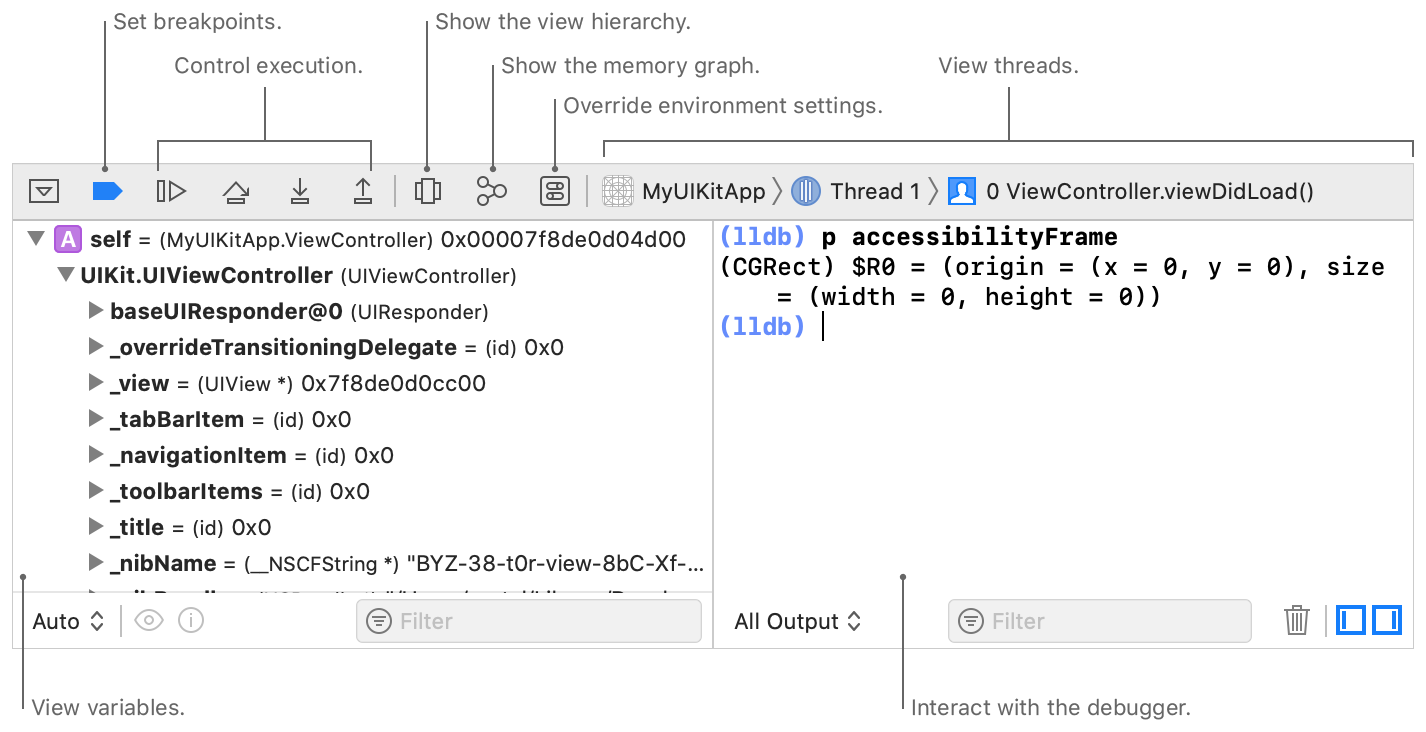 Screenshot showing the debug area controls to set breakpoints, control execution, show the view hierarchy, show the memory graph, override environment settings, and view threads.