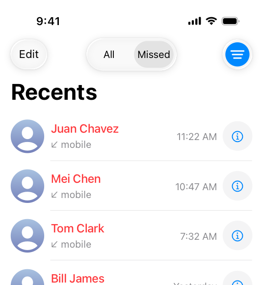 A screenshot of the top half of the Phone app on iPhone, showing the filtered list of recent missed calls. The filter button in the top trailing corner has a blue highlight, indicating that the toggle is active.