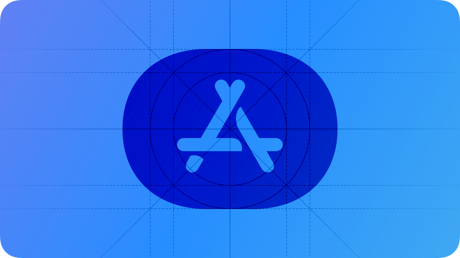 A sketch of the iMessage App Store icon. The image is overlaid with rectangular and circular grid lines and is tinted blue to subtly reflect the blue in the original six-color Apple logo.