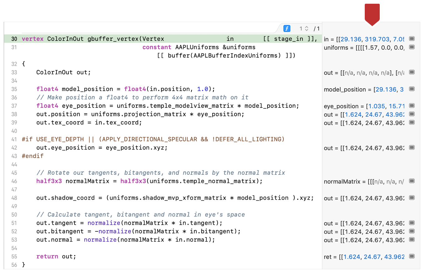 Screenshot of the app's vertex function with the calculated values marked by a callout in the right sidebar.