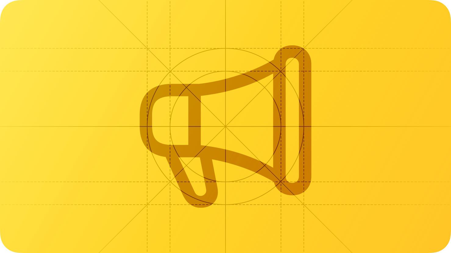 A sketch of a megaphone, suggesting communication. The image is overlaid with rectangular and circular grid lines and is tinted yellow to subtly reflect the yellow in the original six-color Apple logo.