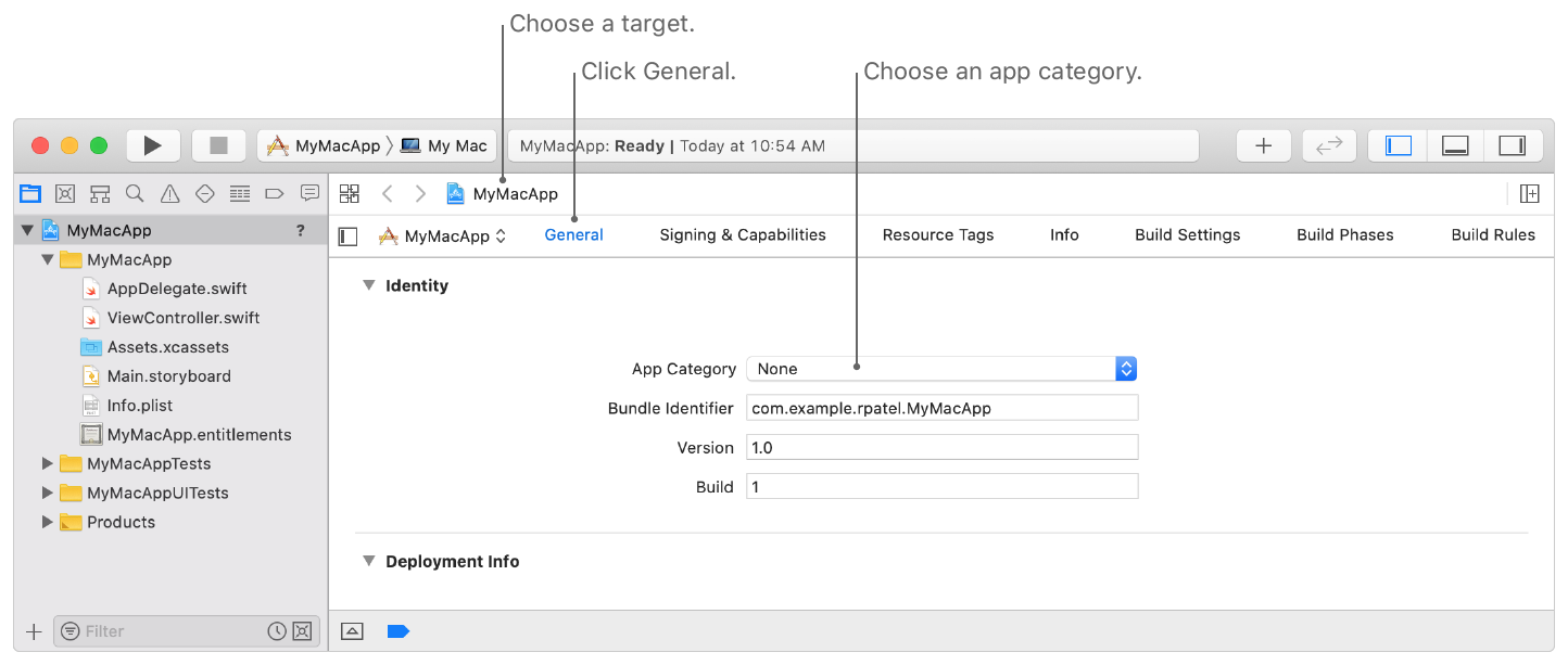Screenshot showing the location of the App Category pop-up menu in the Identity section of the General pane.
