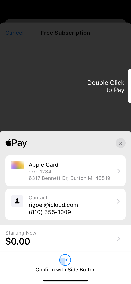 A screenshot of an in-app Apple Pay payment sheet for a fixed subscription that doesn’t require payment until after the first month. The total shows a zero dollar amount.