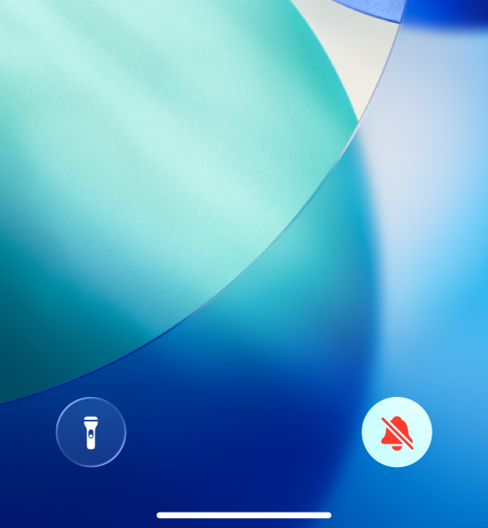 A partial screenshot of the bottom of the Lock Screen on iPhone, highlighting that the Silent mode control is active on the right, with a symbol of a bell with a line drawn through it and red tint.