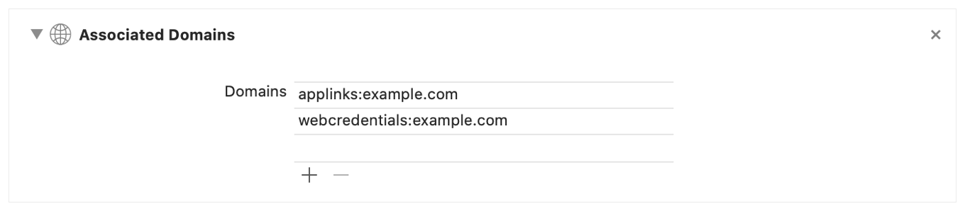 Screenshot showing how to add the associated domains for your app.