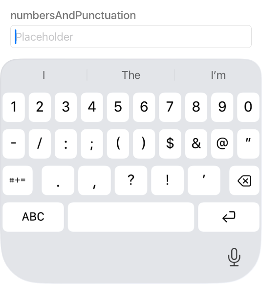 A partial screenshot of a keyboard on iPhone that displays 10 number and 15 punctuation keys in addition to the secondary punctuation key and the Delete, Letters, Space, and Return keys. Typing suggestions appear above the keyboard and the Dictation button appears below it.