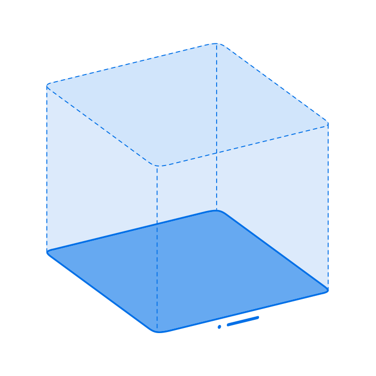 An illustration representing a volume in visionOS. The illustration consists of a translucent cube. The base of the cube is darker than the other sides. The front of the cube is positioned above a window bar.