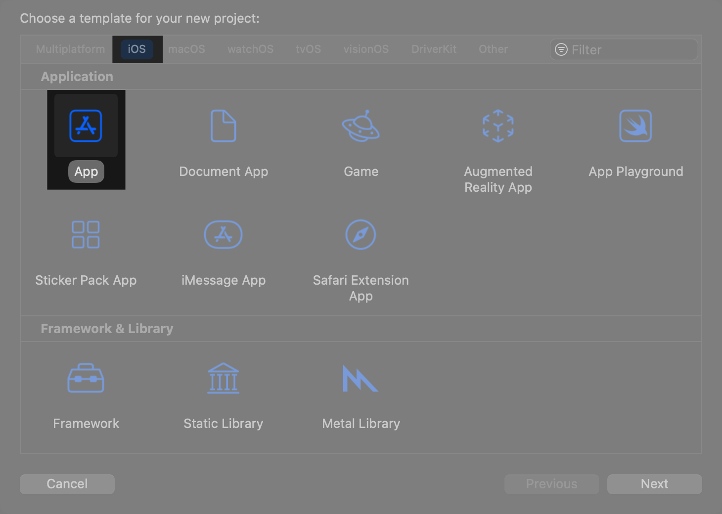 In the template chooser dialog, make sure the iOS tab is selected. Then, select App from the Application section and click Next.
