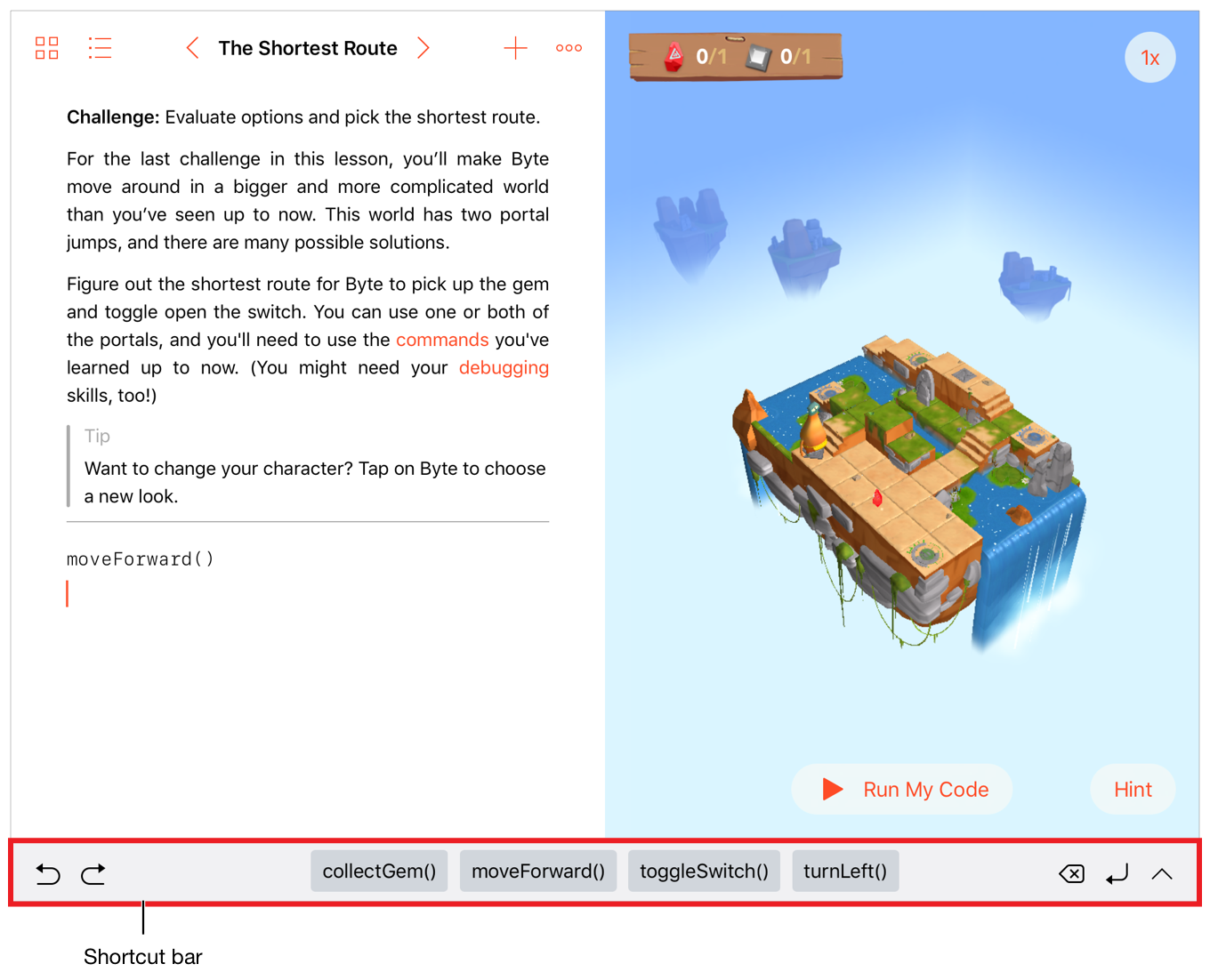 Screenshot showing a playground page. The shortcut bar is highlighted; it only shows 4 available completions because other candidates have been hidden.