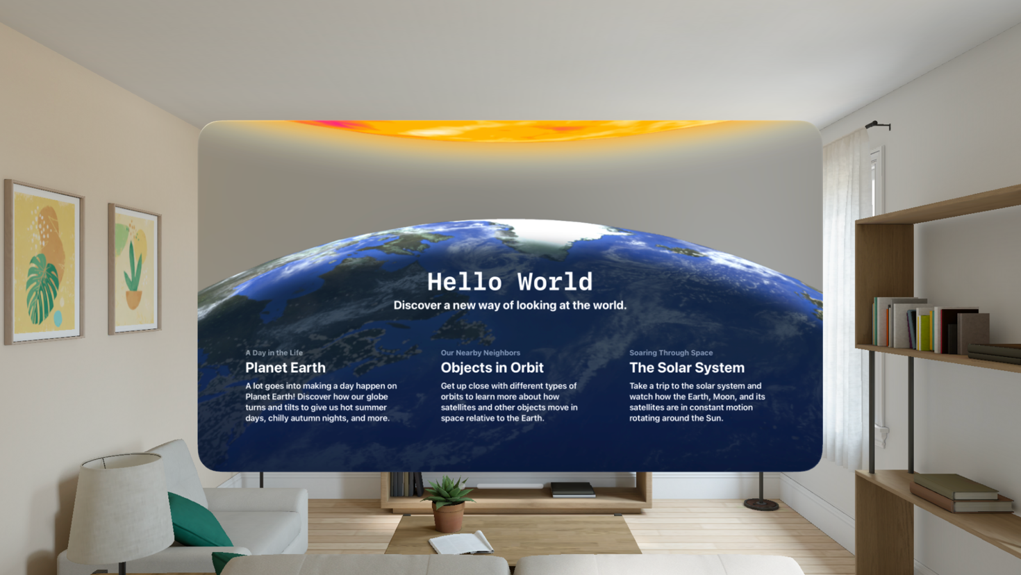 A screenshot of a window for an app named 'Hello World' in visionOS. The window includes text and buttons for entering different experiences.