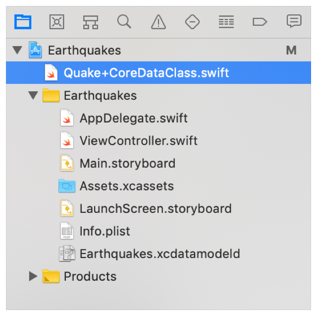 Screenshot showing a Quake+CoreDataClass.swift file in the project navigator.