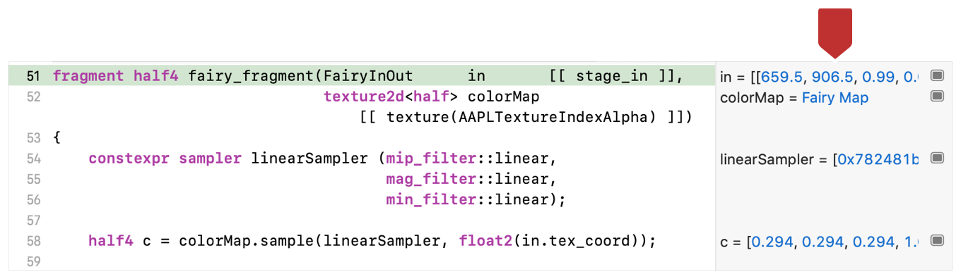 Screenshot of the source code view with the variables sidebar marked by a callout.