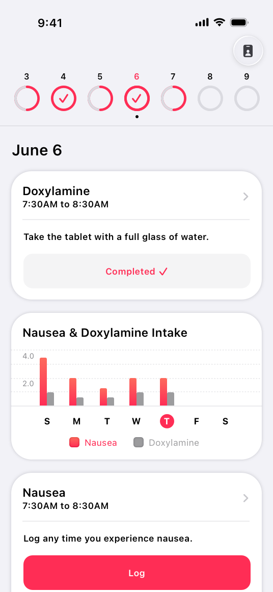 A screenshot of a CareKit app screen on iPhone that shows completed and uncompleted days, a medication task, a chart that compares the patient's nausea with their medication intake, and a logging task the patient can use to log each occurrence of nausea.