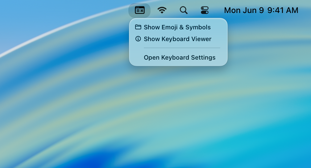 A screenshot of the Input menu bar extra and its menu.