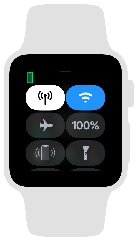 Screenshot showing the Apple Watch control center when the watch is connected to a paired iPhone.