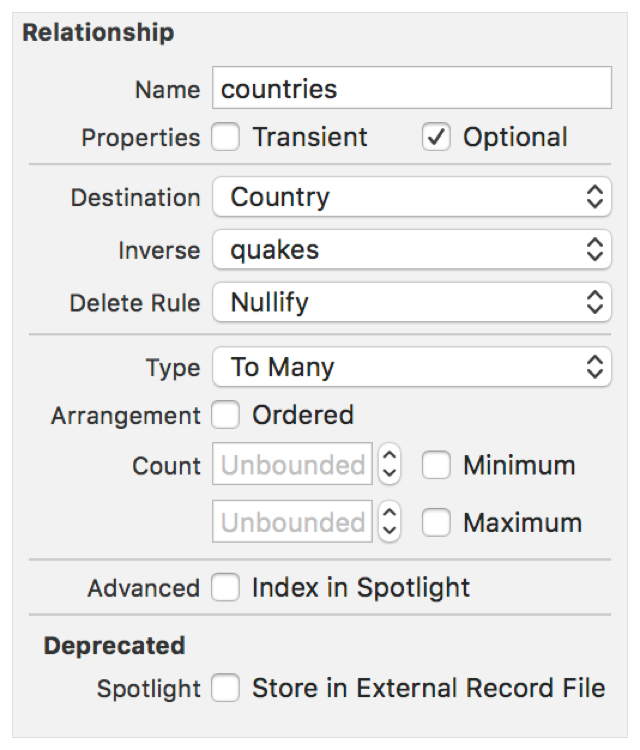 Screenshot showing the countries relationship in the Data Model inspector. Its destination is Country, inverse is quakes, delete rule is Nullify, and Type is To Many.