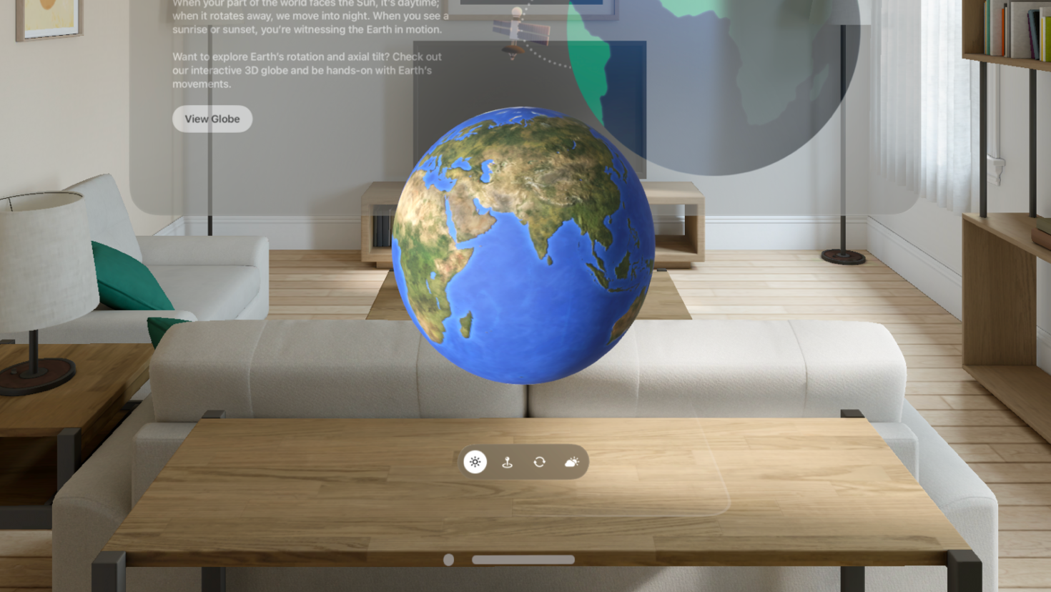 A screenshot of a volume containing a 3D globe in visionOS, beside a window.