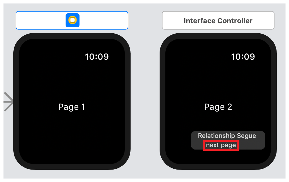 A screenshot showing the next page menu item in the Relationship Segue pop-up menu.