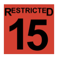 The word restricted, above the nubmer 15, in black, inside a red-filled square.
